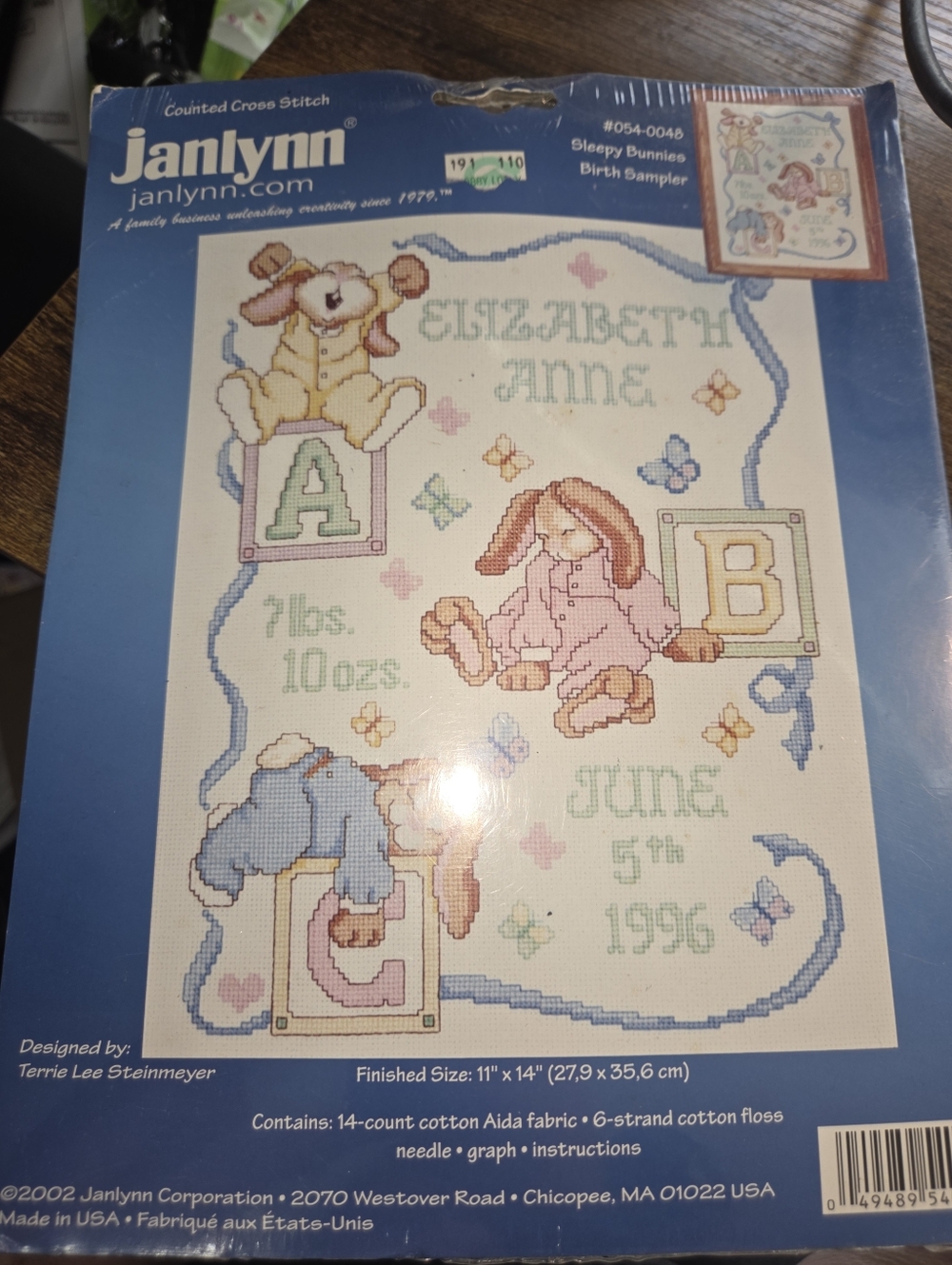 Janlynn Vintage Sleepy Bunnies Birth Sampler  Stamped Cross Stitch Kit NEW